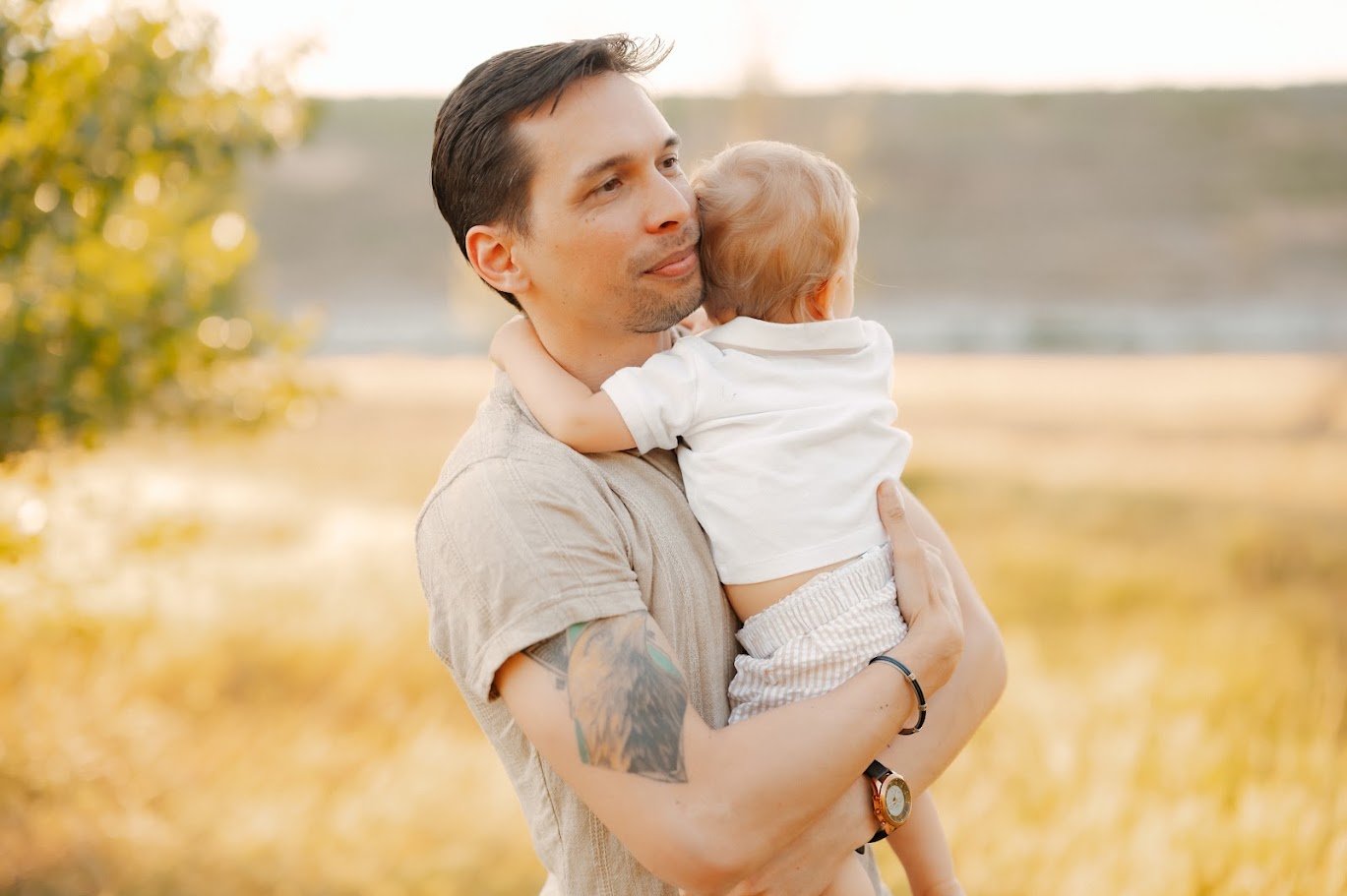 Josh and Theo in golden-hour light